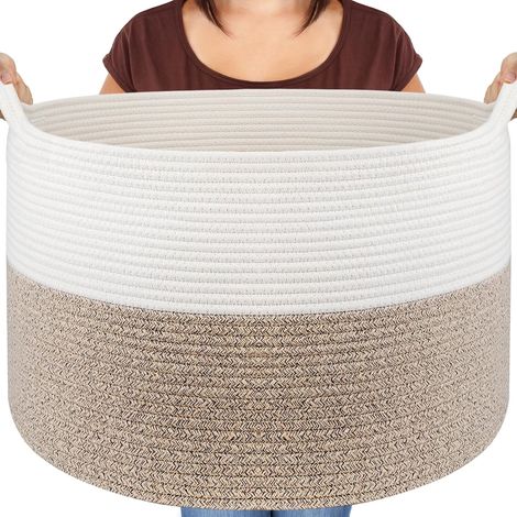 Panier linge osier 83L D55xH35, corde coton main, poignées, rangement jouets/couches, marron (1/5)