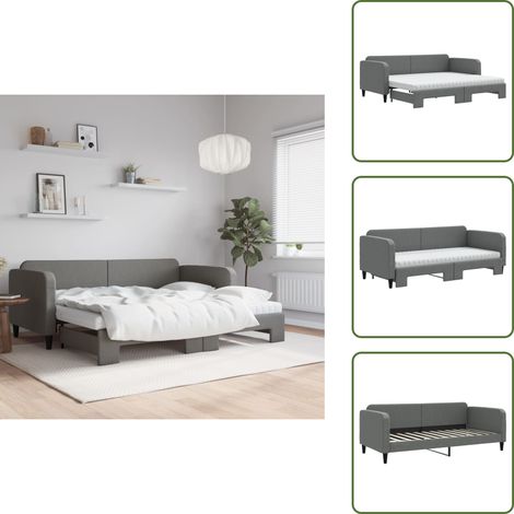 The Living Store Lit de jour avec gigogne et matelas gris foncé 90x200 cm tissu - Canapé Convertible - Lit Tiroir - Lit Invité - Literie - Meuble Multifonctionnel