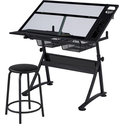 Homevive Mesa de Dibujo Reclinable con Taburete Mesa Inclinable Altura Ajustable con Bandeja de Cristal y 2 Cajones para Casa, Oficina, Escuela 141 × 60 × 91 cm