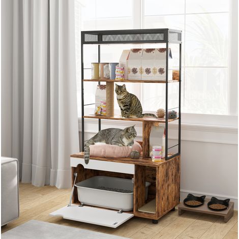 Katzenklo-Schrank aus braunem Holz mit Regalen, Kratzstamm und Klapptür, 80 x 48 x 152 cm (1/5)