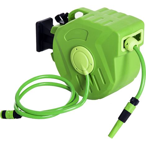 Dévidoir Mural Enrouleur Automatique pivotant 180° Tuyau 20 + 2 m avec Lance arrosage Support Mural intégré Vert