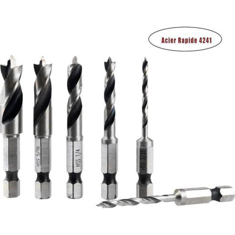 6Pcs Meche Bois à Tige Hex, Jeu de Tige 1/4" Forets HSS Hélicodaux pour Bois Plastique et 6.35MM Hex Tige Rotatives Outil (1/5)