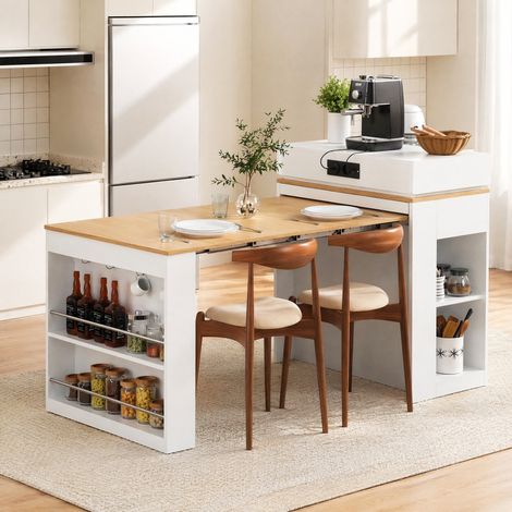 Mesa extensible tipo isla de cocina con ruedas, enchufes y almacenaje, blanco DESVIAE (1/5)