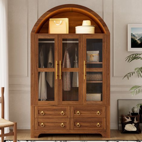 Armario ropero - 110 x 50 x 186 cm - 3 puertas de vidrio, 4 cajones, barra para colgar, iluminación led inteligente controlable por aplicación - estilo moderno - MDF - nogal (1/5)