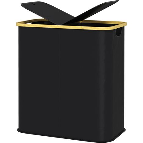 Cesto Portabiancheria 80L 2 Fächer mit Deckel, aus Vliesstoff und Bambus, 54x34x58,5 cm, Schwarz