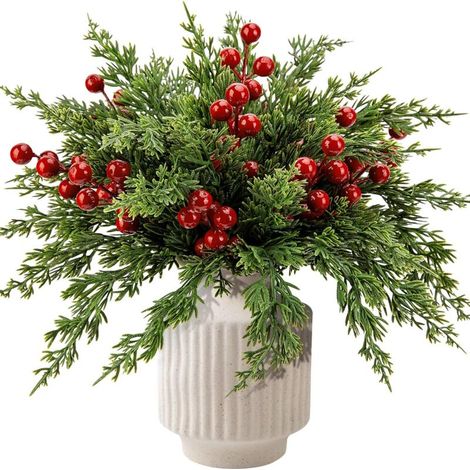 Lot de 45 branches de pin artificielles de Noël avec tiges de baies rouges, 26,7 cm, feuilles de cyprès de Norfolk à feuilles persistantes, aiguilles de pin artificielles pour guirlandes artisanales e