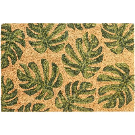 Tapis de porte en fibre de coco tressé motif monstera vert 60x40 cm, paillasson bienvenue intérieur extérieur fait main, poids total 1,56 kg (1/5)