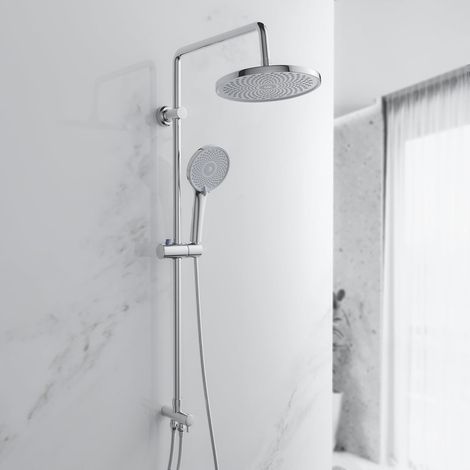 Duschsäule ohne Mischbatterie, Duschset mit runder Regendusche und Handbrause, 95 cm hoch, verchromt (1/5)