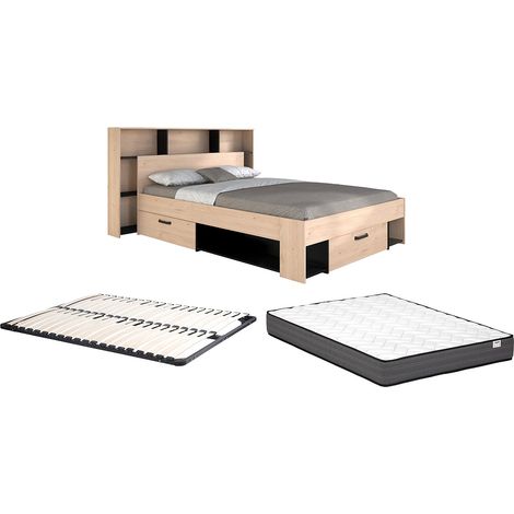 Letto 140 x 190/200 cm con testata e spazi portaoggetti Naturale e Nero + Rete a doghe + Materasso  - KINSELIA