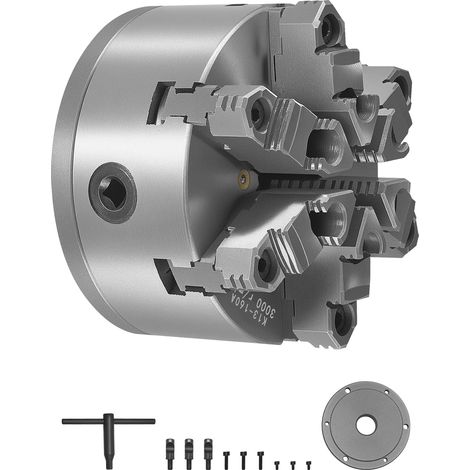 VEVOR Mandrin de Tour a 6 Machoires, 160 mm, Mandrin Auto-centrage avec Plaque Support Adaptateur a Came, Plage de Serrage 3-145 mm, en Fonte HT300, avec Vis Cle en T, pour Tours a Bois et Metal (1/5)