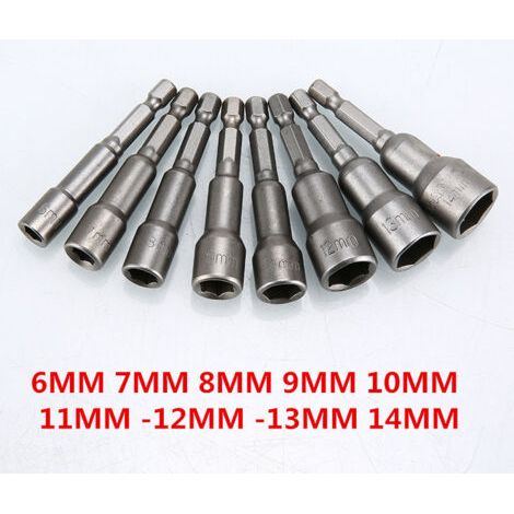 Jeu de 9 douilles de tournevis 6-14 mm - adaptateur d'embout hexagonal pour perceuses à main, tournevis électriques, clés à douille (longueur 65 mm) (1/4)