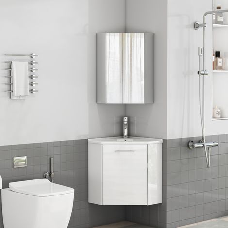 Eck-Badmöbel mit Keramikwaschbecken und Spiegelschrank, Hochglanzweiß OKMYHOME (1/5)