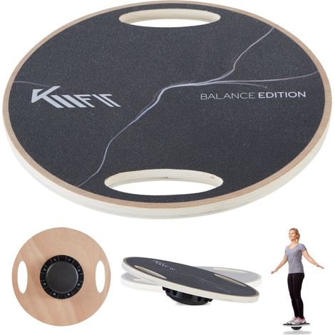 KM-Fit Balance Board rund Therapie-Kreisel aus Holz Gleichgewichtstrainer mit Handgriffen Indoorboard, Wackelbrett für Koordinationstraining Kraft- & Gleichgewichtstrainer ø 39,5 cm (1/5)