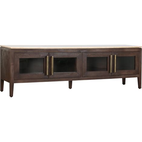 Meuble TV bois de manguier et marbre style moderne traditionnel - Bois foncé et marbre beige clair (1/5)