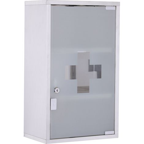 Armoire à pharmacie murale inox, 3 niveaux, porte vitrée verrouillable, 2 clés, 30×18×50 cm (1/5)