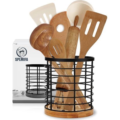 Porte-ustensiles de cuisine - Grand modèle avec base en bois et support en métal noir mat, solution de rangement pour la cuisine et les petits objets (1/5)