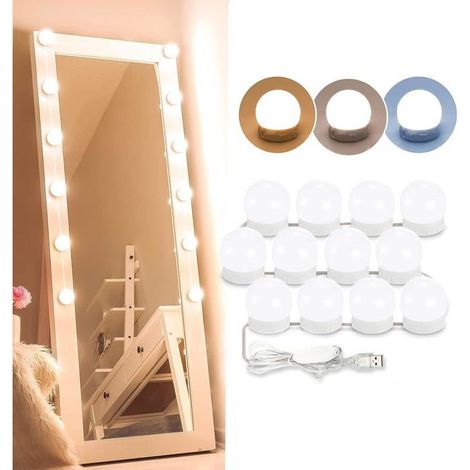 Miroir lumineux, kit d'éclairage LED à intensité variable avec 12 ampoules Hollywood, lampe de salle de bain pour miroir cosmétique, 3 couleurs (miroir non inclus) (1/4)