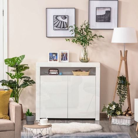 Mobilet polyvalent pour l‘entrée, le salon ou la salle de bains en bois blanc, avec lumières LED colorées, 107x35x97 cm (1/5)