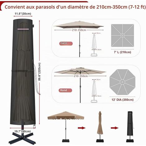 Parasol Cover, Straight Parasol Cover, Protective Cover for Parasols from 2 m to 4 m, 420D Oxford Waterproof Parasol Cover Garden Parasol with Rod, 220 x 30/50 cm (1/4)