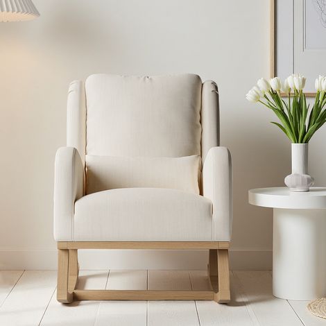 Fauteuil à bascule - Lin Beige - Scandinave - 93x68x96 cm - Salon/Bureau/Coin lecture - Oreiller inclus - Rocking Chair (1/5)