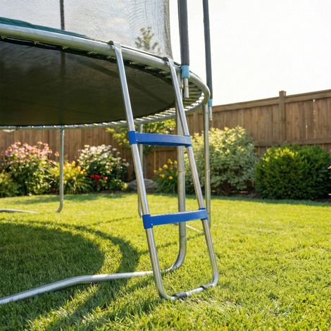 Échelle de Trampoline 2 Marches Larges avec Crochet Universel, Cadre en Acier Galvanisé, Charge 150 kg, 97x32x7 cm, Bleu (1/5)