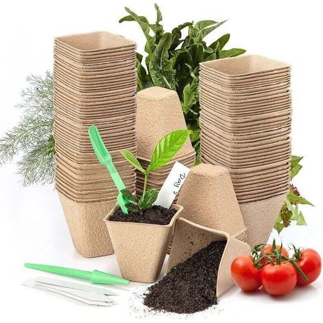 100 biologisch abbaubare Anzuchttöpfe, 8 cm quadratische Pflanztöpfe, Gartentöpfe mit 100 Pflanzenetiketten für Samen, Gemüse, Blumen und Sukkulenten
