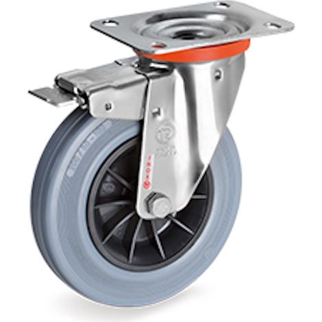 Roulette INOX pivotante à frein diamètre 80 mm roue caoutchouc gris - 50 Kg (1/2)