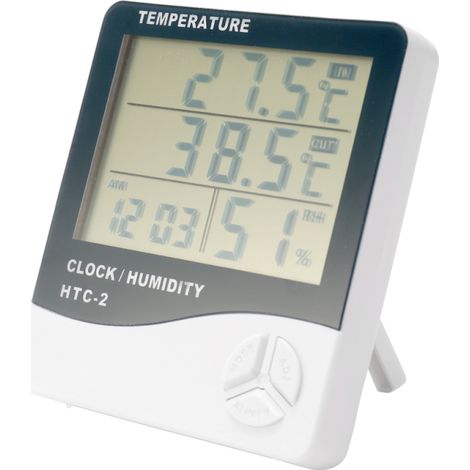 Digitales Thermometer und Hygrometer mit großem Bildschirm für den Innen- und Außenbereich, mit Temperatur- und Feuchtigkeitsanzeige, Kalender und Alarmfunktion.