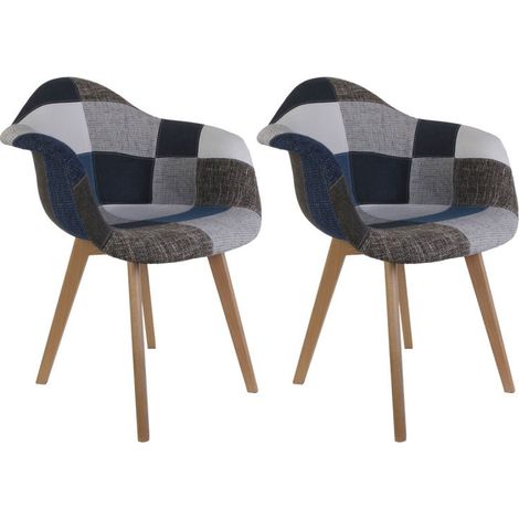 The Home Deco Factory – Lot de 2 fauteuils patchwork confortables – Revêtement doux en tissu – Pieds en bois brut – Pour salon moderne