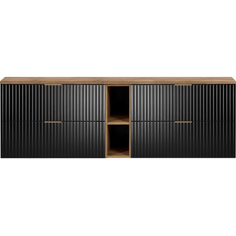 Furnidea - Meuble sous vasque FLOW NOIR 180 cm avec l'étagère - extension et plan chêne - 4 tiroirs - façades rainurées (1/5)