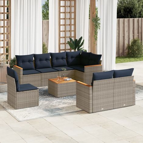 9-teiliges Gartensofa-Set mit Kissen, grau, Polyrattan (1/5)