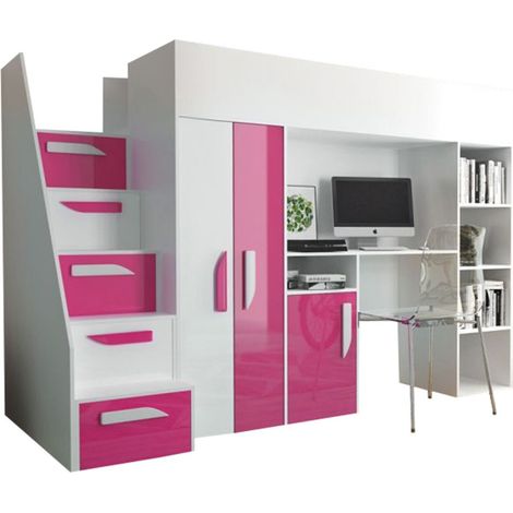 Lit haut Hartford 192, Blanc + Rose brillant + Blanc brillant, Unique, 90x200, Stratifié, Sommier à lattes, 120x247x166cm (1/4)