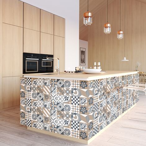 Sticker Mural Carrelage adhésif Cuisine Salle de Bain - 60 STICKERS CARREAUX DE CIMENT MEUBLE BARCENAS - 60stickers10x10cm (1/5)