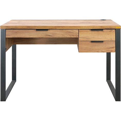 Bureau droit 3 tiroirs 120x60cm – Effet bois doré et métal – Port USB intégré – Pieds en U pour stabilité moderne (1/5)