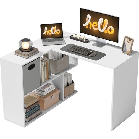 Scrivania Angolare Moderna con Scaffale e Cassetto in Tessuto, 110x100x75 cm, Bianco