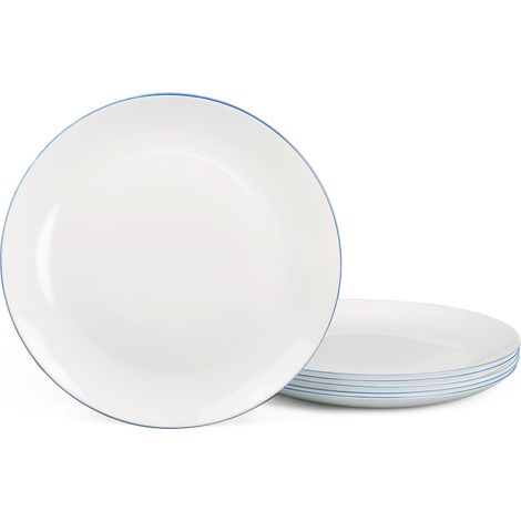 Assiettes Plates Rondes, Grandes Assiettes blanches à bordure bleue 26,7 cm, 6 pièces Assiette à Service pour Salade, Steak, Plat Principal, Passe au Micro ondes et au Lave-vaisselle (1/5)