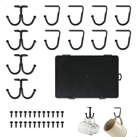 Accroche Tasse, Porte Tasse Suspendue en Métal Antirouille avec 12 Crochets et Vis, Rangement Tasses Noir Installation Facile Fixation Solide pour Cuisine, Porte Tasses Suspendu sous Armoire Étagère B (1/5)