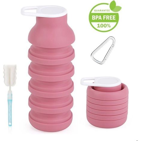 Gourde Sport - Bouteille d'eau pliable en silicone - 600 ml - Légère, réutilisable, étanche - Pour voyage, camping, randonnée,rose (1/5)