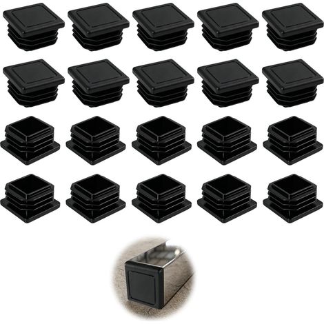 20 Pièces 40x40 mm Tubes Carrés Bouchons Plastique, Embouts Carrés en Plastique pour Protection Pied de Chaise et Meubles, Kit Bouchon Polyéthylène Robuste et Durable pour Usage Extérieur, Noir (1/5)