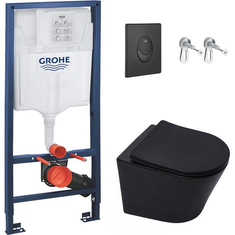 Pack WC Bâti-support Rapid SL + WC Infinitio sans bride noir mat + Abattant softclose + Plaque noire mat