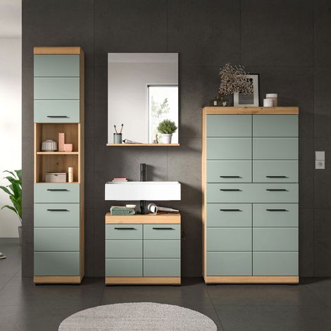 Meuble sous lavabo + 2 meubles + miroir chêne brun et kaki - OLBO