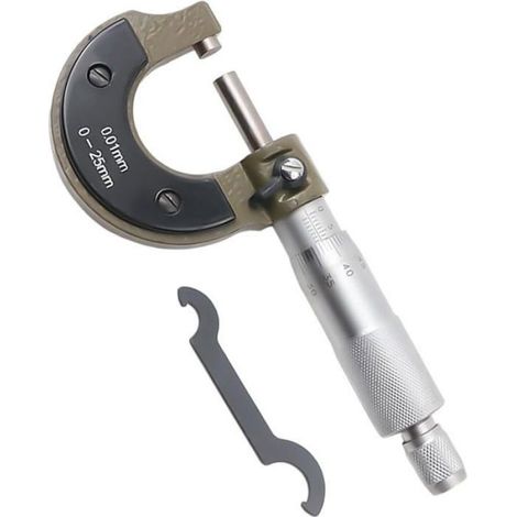 Micromètre extérieur 0 25 mm avec graduations métriques de 0 à 01 mm, faces en acier au carbure, cadre émaillé et mécanisme (1/4)