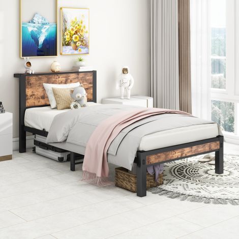 Letto singolo 90x200 cm in metallo e MDF marrone con contenitore, senza materasso - MEUBLIV (1/5)