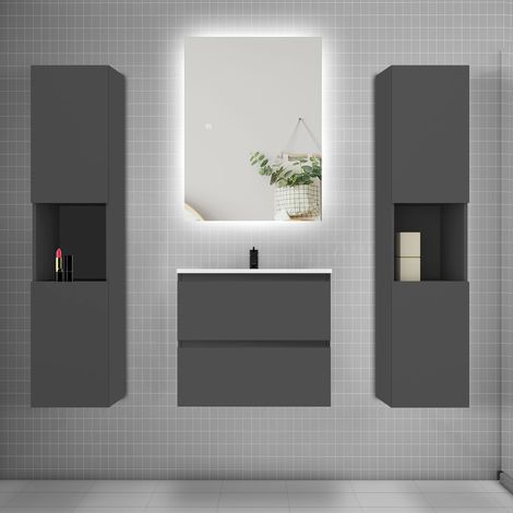 Ensemble meuble anthracite et vasque L.60cm 2 tiroirs + colonne2 haut + lavabo + miroir 80x60cm-suspendu
