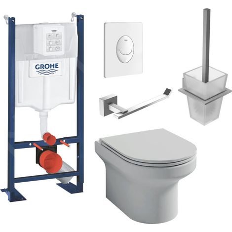Pack inodoro suspendido Jacob Delafon sin brida Elite + Estructura soporte Grohe Rapid SL + Placa Grohe blanca + Portaescobillas + Portarrollos