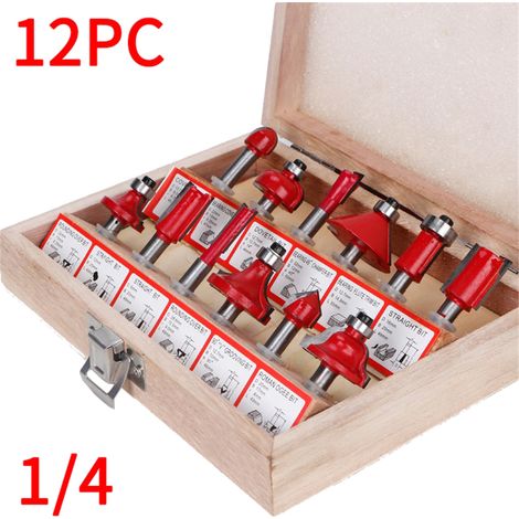 Kit 12 pièces fraises à bois carbure, 1/4 queue, pour défonceuse gravure et affleurage, acier robuste (1/5)