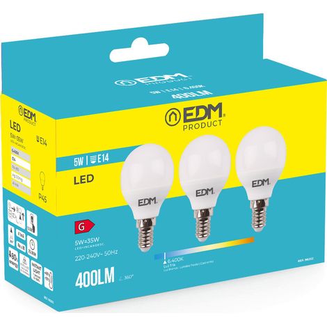 Kit de 3 Ampoules LED EDM Sphériques E14 5W 400lm 6400K Lumière Froide Ø4,5x8cm (1/3)