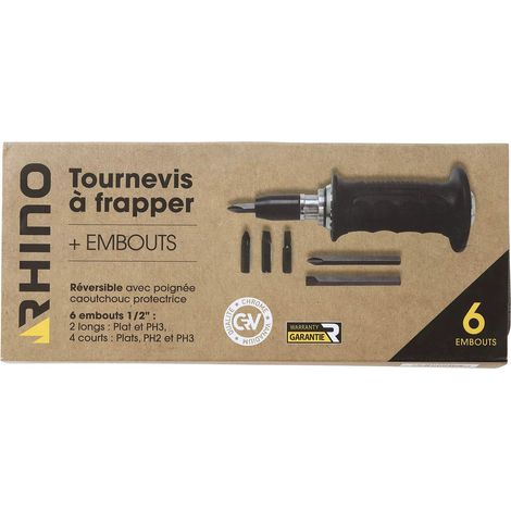 RHINO 15412 - Cacciavite a percussione 1/2" reversibile + 6 punte piatte, PH2, PH3, impugnatura ergonomica e protettiva in gomma permette di sbloccare tutti i tipi di viti (1/5)