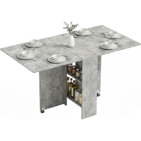 Table de cuisine pliante à roulettes, 2 étagères de rangement et 2 rallonges rabattables, style moderne, 75 x 140 x 74 cm, gris ciment (1/5)