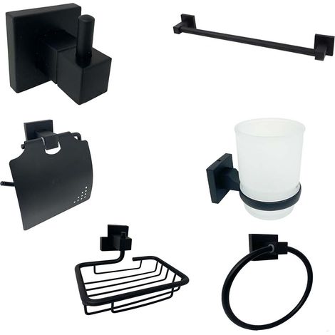 Set bagno moderno in acciaio nero vetro satinato 6 pezzi accessori bagno portasaponetta portarotolo spazzolini asciugamano (1/5)
